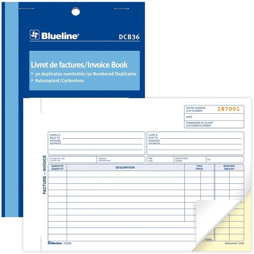 Blueline Invoices Book - 50 Sheet(s) - 2 Part Carbonless Copy - 5 3/8 x 8"  Form Size - Letter - Blue Cover - Paper - 1 Each