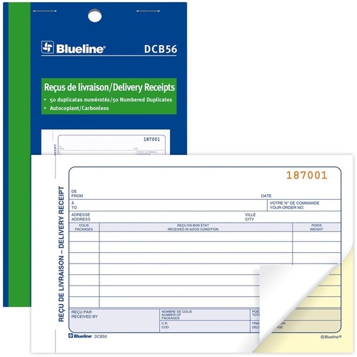 Blueline Delivery Receipts Book - 50 Sheet(s) - 2 PartCarbonless Copy - 7.01" x 4.25" Form Size - Letter - Blue Cover - Paper - 1 Each -  - BLIDCB56