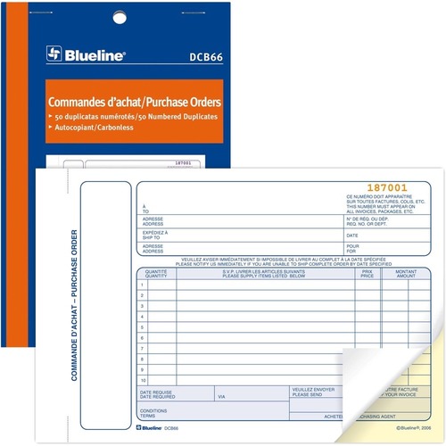 Blueline Purchase Orders Book - 50 Sheet(s) - 2 PartCarbonless Copy - 7.99" x 5.39" Form Size - Blue Cover - Paper - 1 Each -  - BLIDCB66