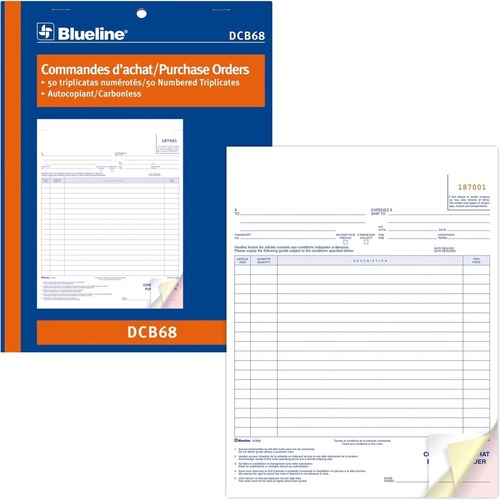 Blueline Purchase Orders Book - 50 Sheet(s) - 3 PartCarbonless Copy - 11" x 8.50" Form Size - Letter - Blue Cover - Paper - 1 Each = BLIDCB68