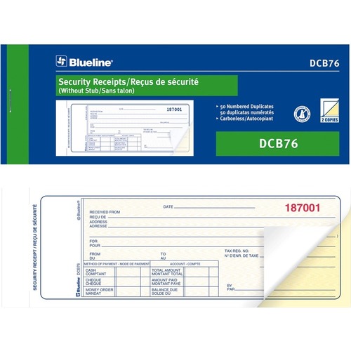 Blueline Security Receipts Book - 50 Sheet(s) - 2 PartCarbonless Copy - 7.99" x 2.76" Form Size - Blue Cover - Paper - 1 Each = BLIDCB76