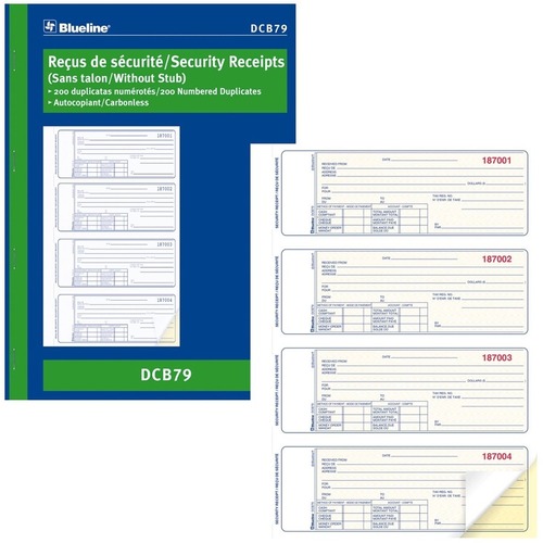 Blueline Security Receipts Book - 200 Sheet(s) - 2 PartCarbonless Copy - 7.99" x 10.87" Form Size - Blue Cover - Paper - 1 Each = BLIDCB79