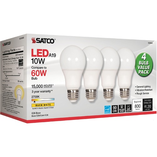 Satco 10W A19 LED 2700K Frosted Bulbs - 10 W - 60 W Incandescent Equivalent Wattage - 120 V AC - 800 lm - A19 Size - Warm White Light Color - E26 Base - 15000 Hour - 4400.3°F (2426.8°C) Color Temperature - 93 CRI - 220° Beam Angle - 4 / Pack