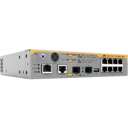 Allied Telesis x320-11GPT Layer 3 Switch - 8 Ports - Manageable - Gigabit Ethernet - 10/100/1000Base-T, 1000Base-X - 3 Layer Supported - Modular - 2 SFP Slots - 22 W Power Consumption - Optical Fiber, Twisted Pair - PoE Ports - Rack-mountable, Compact, De
