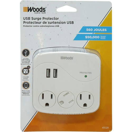 Woods 41029 3-Outlet Surge Suppressor/Protector - 3 x AC Power, 2 x USB - 560 J