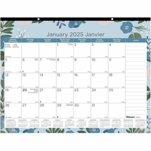 Blueline Azure Monthly Desk Pad Calendar 22"x 17" , Bilingual - Monthly - 12 Month - January 2025 - December 2025 - 1 Month Single Page Layout - 22" x 17" Sheet Size - Desk Pad - Purple - Chipboard, Paper - Notes Area, Reinforced, Tear-off, Ruled Daily Bl