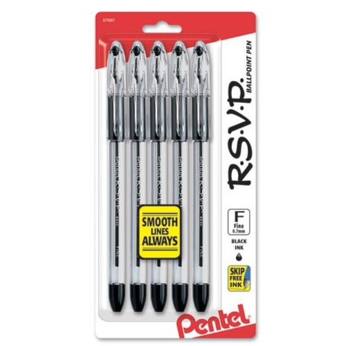 Pentel R.S.V.P.® Ballpoint Pens, Fine Point, 0.7 mm, Clear Barrel, Black Ink, Pack Of 5 - 0.7 mm Fine Pen Point - Refillable - Black Ink - Clear Barrel - 5 Pack
