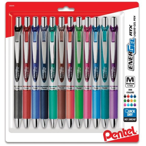 Pentel EnerGel RTX Gel Pen - 0.7 mm Medium Pen Point - Refillable - Retractable - Black Ink - Liquid Gel Ink - Violet Stainless Steel Barrel - 12 Pack