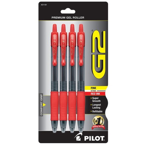 Pilot G-2™ Retractable Gel Pens, Fine Point, 0.7 mm, Clear Barrels, Red Ink, Pack Of 4 - 0.7 mm Fine Pen Point - Refillable - Retractable - Red Ink - Gel-based - Clear Barrel - 4 Pack
