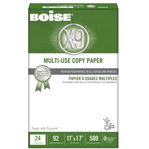 Boise X-9 Multi-Use Copy Paper - Ledger - 11" x 17" - 92 Bright - 24 lb Basis Weight - White - Ream Of 500 Sheets - 92 Brightness - Ledger/Tabloid - 11" x 17" - 24 lb Basis Weight - 1 Ream - 500 Sheets - Acid-free, Jam-free, Fade Resistant, Eco-friendly -