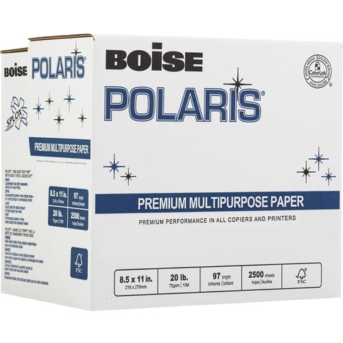 BOISE POLARIS Premium Multipurpose Copy Paper, 8.5" x 11" Letter, SPLOX (Easy carry box), 97 Bright White, 20 lb., Reamless (2,500 Sheets) - 97 Brightness - Letter - 8 1/2" x 11" - 20 lb Basis Weight - Acid-free, Eco-friendly, Fade Resistant, Non-yellowin