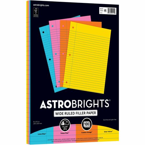 Astrobrights Filler Paper - 100 Sheets - Wide Ruled - 3 Hole(s) - 24 lb Basis Weight - 8" x 10 1/2" - Neon Blue Paper - Hole-punched, Acid-free