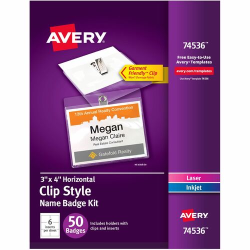 Avery® Top-Loading Clip-Style Name Badges - 3" x 4" - 50 / Pack - Flexible, Reusable, Durable - White