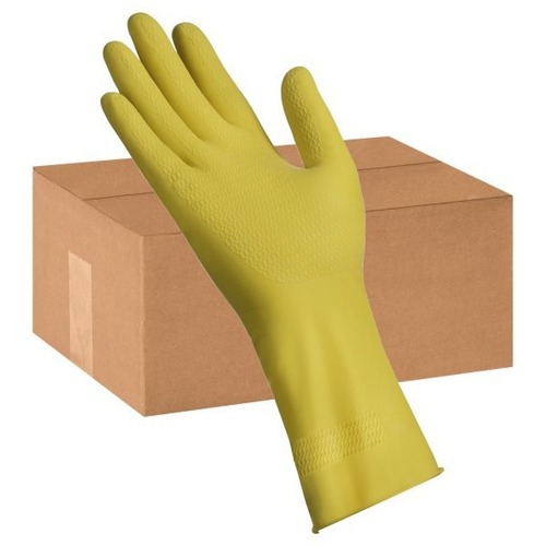 Tradex Work Gloves - Hand, Odor, Chemical Protection - Medium Size - Yellow - Flock-lined, Odor Resistant, Chemical Resistant, Heavy Duty, Slip Resistant, Embossed Grip, Food Safe, Reusable, Comfortable, Sweat Absorbing - For Food Service - 24 / Pack