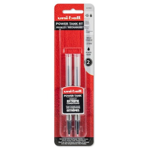 Uni-Ball Power Tank Ballpoint Pen Refill, 1.0 mm, Black, Pack Of 2 - 1 mm, Bold Point - Black Ink - Temperature Resistant, Moisture Resistant - 2 / Pack
