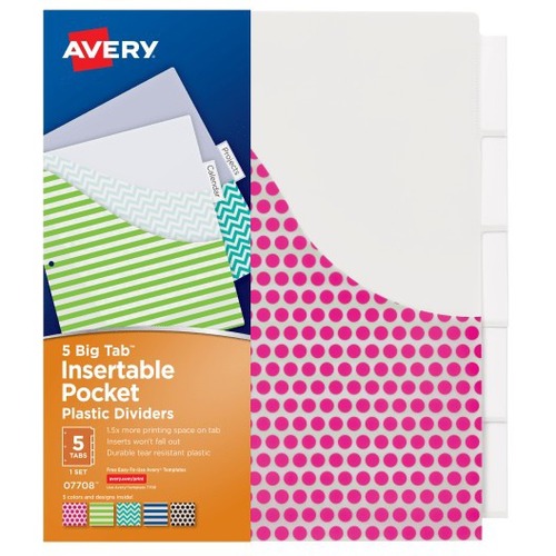 Avery® Big Tab Insertable Plastic Dividers With Pockets, 9 1/4" x 11 1/2" , Multicolor - 5 Tab(s)/Set - 9.3" Divider Width x 11" Divider Length - 3 Hole Punched - Multicolor Plastic Divider - 1 Each