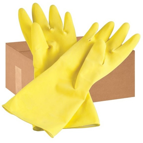 Tradex Multipurpose Gloves - Chemical, Odor Protection - Small Size - Yellow - Chemical Resistant, Reusable, Flock-lined, Heavy Duty, Embossed Grip, Slip Resistant, Absorbent - For General Purpose - 12 Case