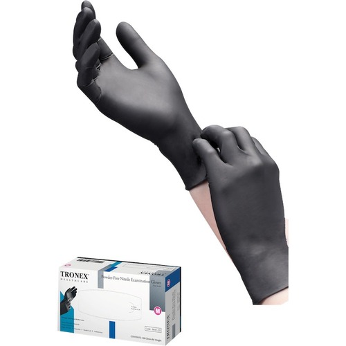 Tronex Nitrile Powder-Free, Fingertip-Textured Examination Gloves - Abrasion Protection - Medium Size - For Right/Left Hand - Black - Latex-free, Tear Resistant, Non-sterile, Textured Fingertip, Durable - For Medical - 100 / Box