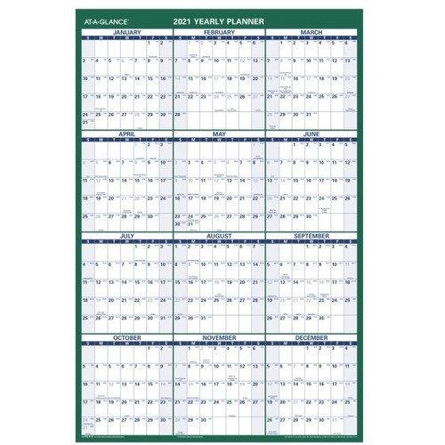 At-A-Glance Calendar - Large Size - Academic - Yearly - July 2020 - June 2021 - 24" x 36" White Sheet - Tapebound - White, Green, Red - Laminate - 36" Height x 24" Width - Erasable, Reversible, Durable - 1 Each