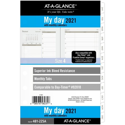 At-A-Glance Daily/Monthly Planner Refill, 5-1/2"x 8-1/2" , January To December 2021, 481-225A - Daily, Monthly - 12 Month - January 2021 - December 2021 - 8:00 AM to 7:00 PM - Hourly - White Sheet - 7 x Holes - White - Paper - 8.5" Height x 5.5" Width - R