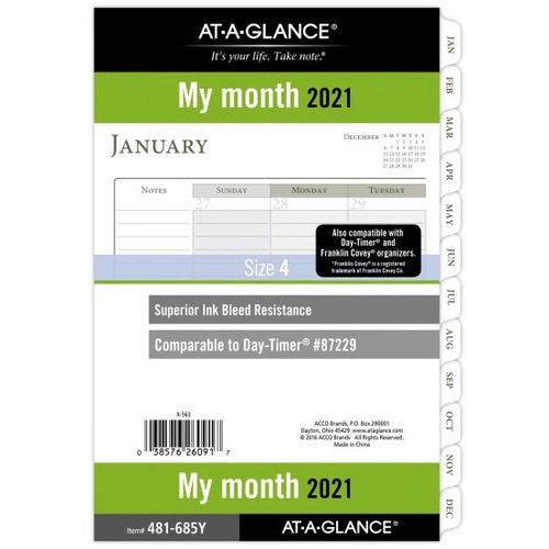 At-A-Glance Planner Refill - Monthly - 12 Month - January 2021 - December 2021 - White Sheet - 7 x Holes - Black, White - Paper - 8.5" Height x 5.5" Width - Bleed Resistant Paper, Ruled Daily Block, Reference Calendar - 1 Each