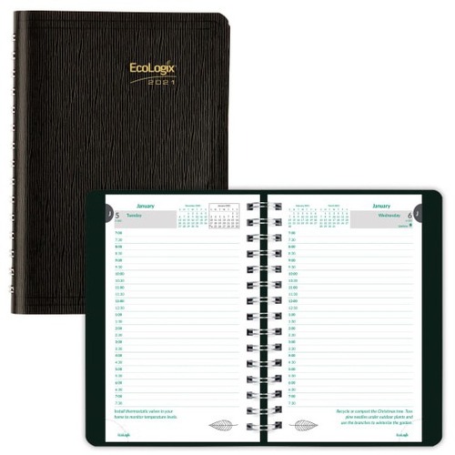 Brownline Ecologix Appointment Book - Medium Size - Daily - 12 Month - January 2021 - December 2021 - 7:00 AM to 7:30 PM - Half-hourly - 5" x 8" White Sheet - Wire Bound - Black - Paper - Black Cover - 8.5" Height x 5" Width - Telephone Section, Address S