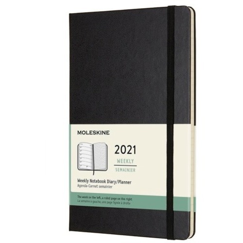 Moleskine Appointment Book - Medium Size - Weekly - 12 Month - January 2021 - December 2021 - 5" x 8 1/4" Ivory Sheet - Book Bound - Black - Plastic Poly, Paper, Wood - Black Cover - 8.3" Height x 5" Width - Notes Area, Time Zone, International Dialing Co