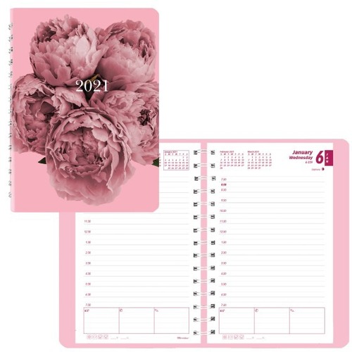 Brownline Appointment Book - Medium Size - Daily - January 2021 - December 2021 - 7:00 AM to 7:30 PM - Half-hourly - 5" x 8" White Sheet - Wire Bound - Floral, Multicolor - Paper - Pink Cover - 8" Height x 5" Width - Reference Calendar, Telephone Section,