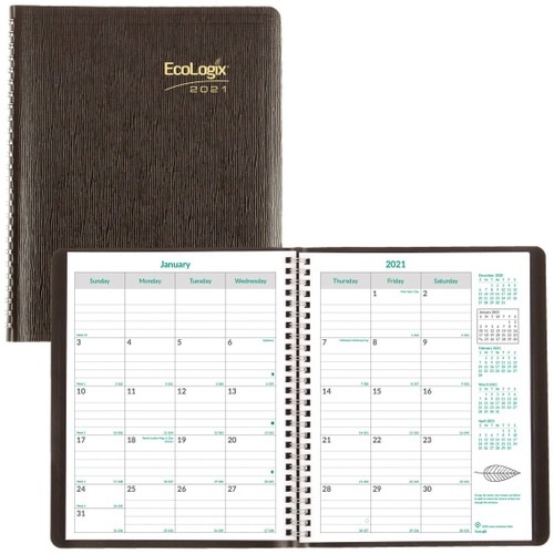 Brownline Ecologix Appointment Book - Large Size - Monthly - December 2020 - January 2022 - 8 1/2" x 11" White Sheet - Wire Bound - Black - Paper, Wood - Black Cover - 11" Height x 8.5" Width - Notes Area, Reference Calendar - 1 Each