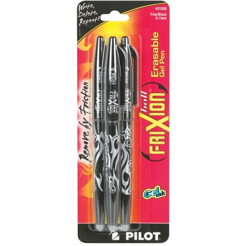 Pilot FriXion Gel Pen - 0.7 mm Fine Pen Point - Erasable - Black Ink - Gel-based - Black Barrel - 3 Pack
