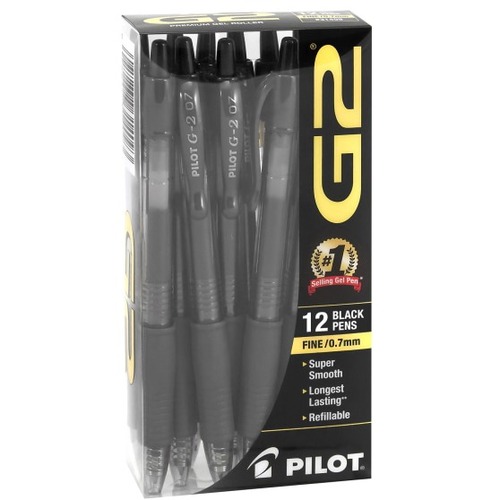 Pilot Gel Pen - Fine Pen Point - 0.7 mm Pen Point Size - Refillable - Retractable - Black Gel-based Ink - Black Barrel - 12 Dozen