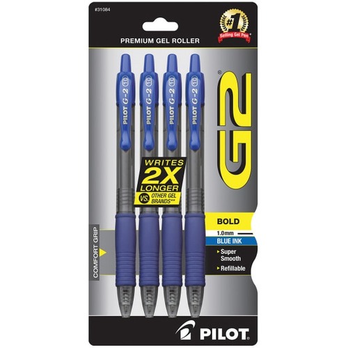 Pilot Gel Pen - 1 mm Bold Pen Point - Refillable - Retractable - Blue Ink - Gel-based - Clear Barrel - 4 Pack