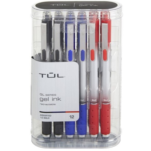 TUL® GL Series Retractable Gel Pens, Bold Point, 1.0 mm, Silver Barrel, Assorted Ink Colors, Pack Of 12 Pens - Bold Pen Point - 1 mm Pen Point Size - Refillable - Retractable - Black Gel-based Ink - 12 / Pack