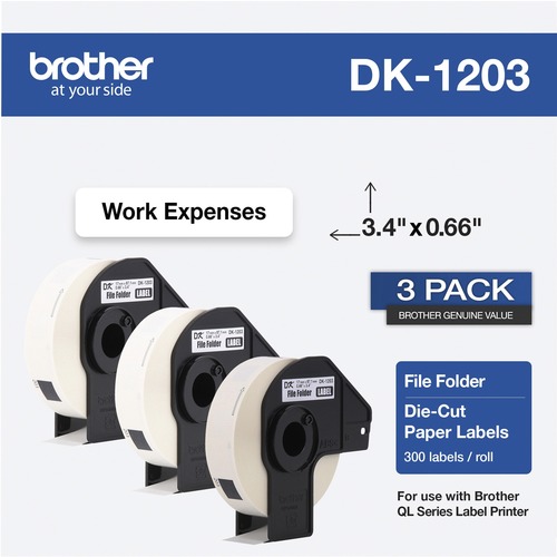 Brother DK File Folder Label - 21/32" Width x 3 2/5" Length - Rectangle - Thermal - White - Paper - 300 / Roll - 3 / Pack