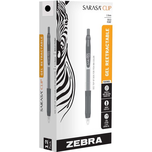 Zebra SARASA Clip Retractable Gel Pen - 1 mm Bold Pen Point - Retractable - Black Ink - Water Based, Pigment-based, Gel-based - 1 Dozen