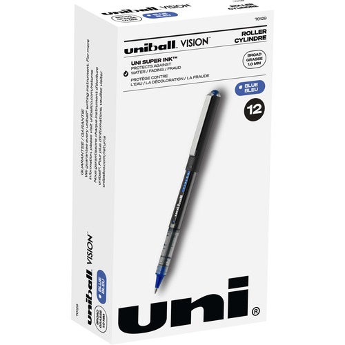 uni-ball Vision 1.0mm Point Rollerball Pen - Broad Pen Point - 1 mm Pen Point Size - Blue - Black, Blue Barrel - 1 Dozen