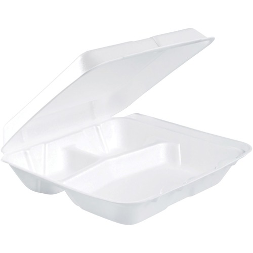 Dart Insulated Foam 3-compartment Containers - External Dimensions: 8" Length x 7.5" Width x 2.3" Height - Stackable - Extruded Polystyrene - White - For Transportation, Food Storage - 200 / Carton