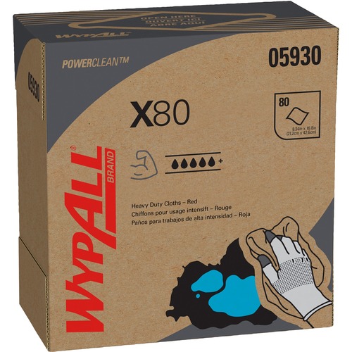 Wypall Power Clean X80 Heavy Duty Cloths - 16.80" Length x 8.34" Width - Absorbent, Durable, Reusable, Foldable, Contaminant-free, Durable - Red - 80Box - 5 / Carton