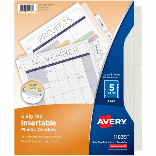 Avery® Big Tab Insertable Plastic Dividers - 5 x Divider(s) - 5 - 5 Tab(s)/Set - 8.5" Divider Width x 11" Divider Length - 3 Hole Punched - Clear Plastic Divider - Clear Plastic Tab(s) - 12