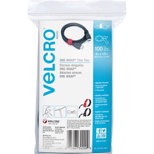 VELCRO® Reusable Thin Straps - Black, Red - Fabric, Nylon - 100 / Pack