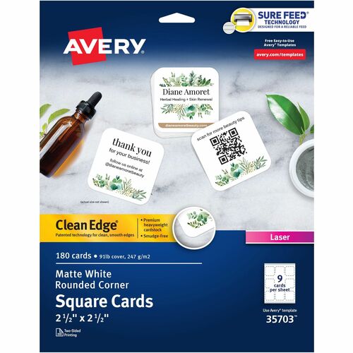 Avery® Clean Edge® Printable Square Cards with Sure Feed Technology, Rounded Corners, 2.5" x 2.5" , White, 180 Blank Cards for Laser Printers (35703) - Avery® Clean Edge® Square Cards, Rounded Corners, 2.5" x 2.5" (35703)
