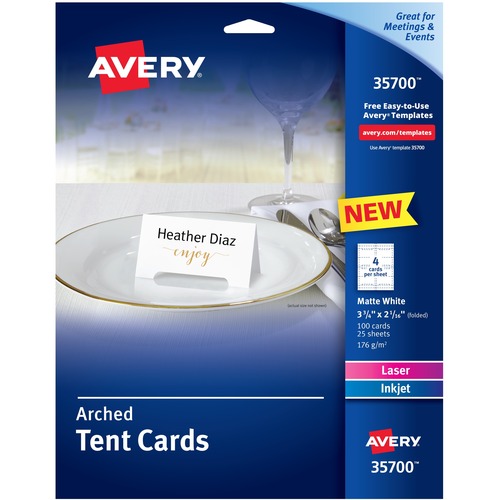 Avery® Sure Feed Arched Tent Cards - 97 Brightness - 3 3/4" x 2 1/16" - 65 lb Basis Weight - 176 g/m² Grammage - Matte - 5 / Pack - Printable, Scratch Proof, Die-cut, Perforated, Print-to-the-edge, Pre-scored - White