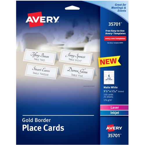 Avery® Place Cards With Gold Border 1-7/16" x 3-3/4" , 65 lbs. 150 Cards - 97 Brightness - 3 3/4" x 1 7/16" - 65 lb Basis Weight - 176 g/m² Grammage - Matte - 5 / Pack - Perforated, Print-to-the-edge, Pre-scored - Gold, White
