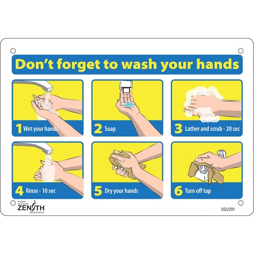 Zenith "Don't Forget to Wash Your Hands" Pictogram Sign - Don't Forget to Wash Your Hands Print/Message - 10" (254 mm) Width x 7" (177.80 mm) Height - Rectangular Shape - Pictogram, Bolt-on - Plastic - Safety/Caution Signs - ZENSGU291