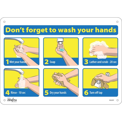 Zenith "Don't Forget to Wash Your Hands" Pictogram Sign - Don't Forget to Wash Your Hands Print/Message - 14" (355.60 mm) Width x 10" (254 mm) Height - Rectangular Shape - Pictogram, Bolt-on - Plastic - Safety/Caution Signs - ZENSGU297