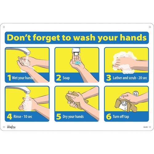 Zenith "Don't Forget to Wash Your Hands" Pictogram Sign - Don't Forget to Wash Your Hands Print/Message - 20" (508 mm) Width x 14" (355.60 mm) Height - Rectangular Shape - Pictogram, Bolt-on - Plastic