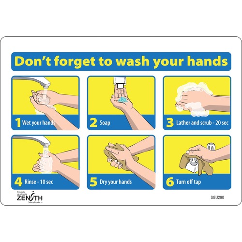 Zenith "Don't Forget to Wash Your Hands" Pictogram Sign - Don't Forget to Wash Your Hands Print/Message - 14" (355.60 mm) Width x 10" (254 mm) Height - Rectangular Shape - Pictogram - Vinyl