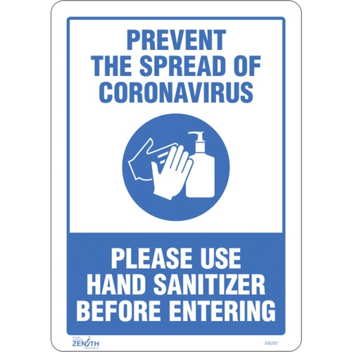Zenith "Prevent Coronavirus, Please Use Hand Sanitizer" Sign - Prevent Coronavirus, Please Use Hand Sanitizer Print/Message - 10" (254 mm) Width x 14" (355.60 mm) Height - Rectangular Shape - Adhesive, Pictogram - Vinyl