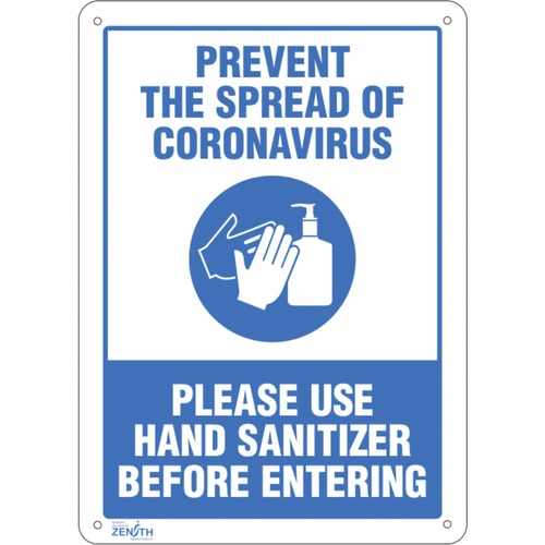 Zenith "Prevent Coronavirus, Please Use Hand Sanitizer" Sign - Prevent Coronavirus, Please Use Hand Sanitizer Print/Message - 10" (254 mm) Width x 14" (355.60 mm) Height - Rectangular Shape - Bolt-on, Pictogram - Plastic
