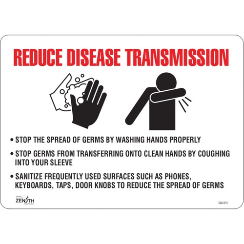 Zenith "Reduce Disease Transmission" Sign - Reduce Disease Transmission Print/Message - 14" (355.60 mm) Width x 10" (254 mm) Height - Rectangular Shape - Pictogram, Adhesive - Vinyl